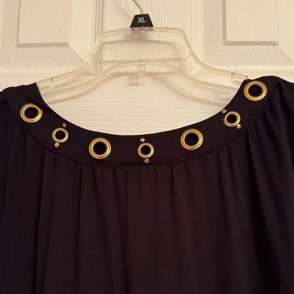 INC brand Black Short Sleeve Top with Gold Eyelet V-Neckline. Size Small - Picture 7 of 12